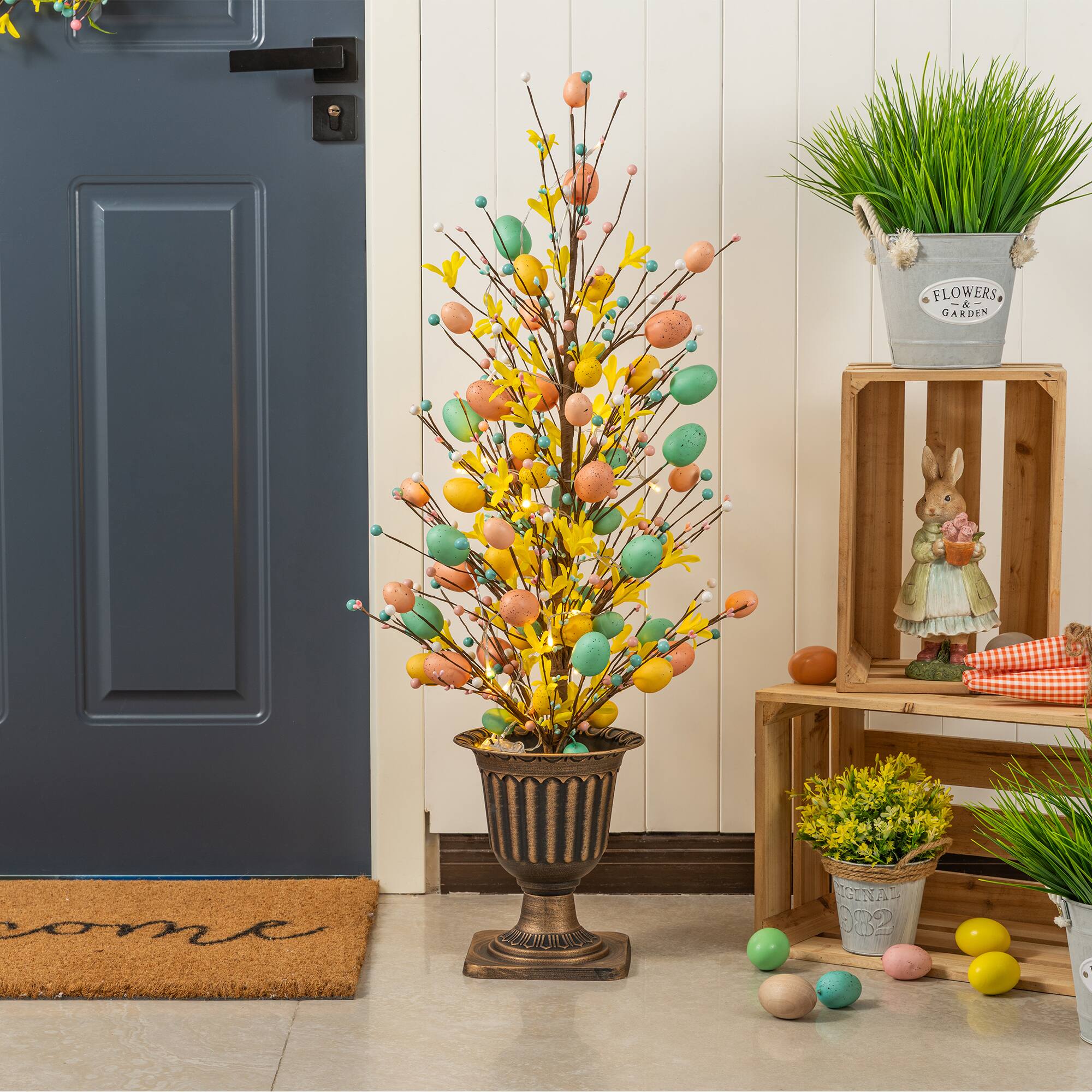 Glitzhome® 36" Lighted Easter Egg & Flower Urn Porch Tree with Timer